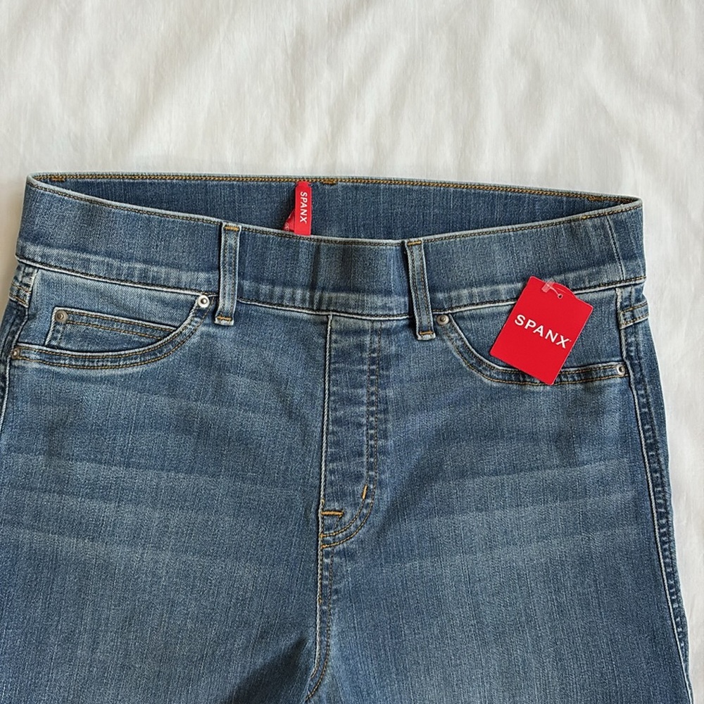 New Vintage Spanx Indigo Denim Blue Jeans Wide Leg Seamed Front Boho Women’s L - Picture 4 of 11
